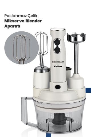 Elenamax Beyaz 1000 Watt Hız Ayarlı %100 Bakır Motor 5 In 1 Mutfak Robotu Multi Blender Seti