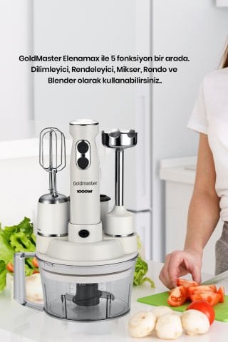 Elenamax Beyaz 1000 Watt Hız Ayarlı %100 Bakır Motor 5 In 1 Mutfak Robotu Multi Blender Seti