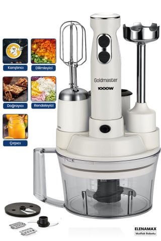 Elenamax Beyaz 1000 Watt Hız Ayarlı %100 Bakır Motor 5 In 1 Mutfak Robotu Multi Blender Seti
