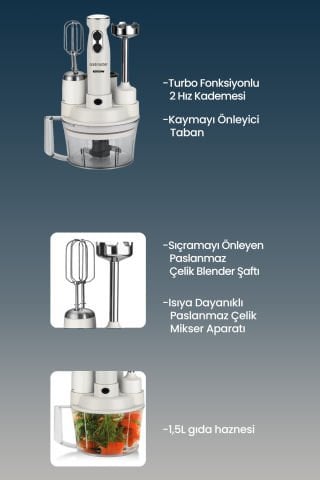 Elenamax Beyaz 1000 Watt Hız Ayarlı %100 Bakır Motor 5 In 1 Mutfak Robotu Multi Blender Seti