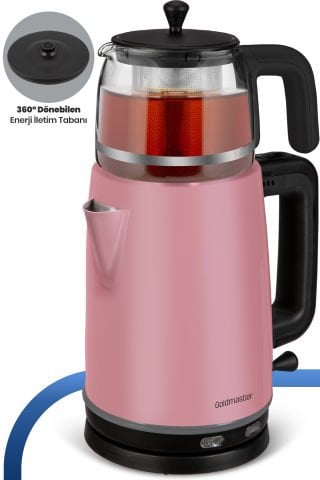 Dem Sedef Pembe 2200 Watt XL Paslanmaz Demlikli Cam Çelik Çay Makinesi Ve Su Isıtıcısı