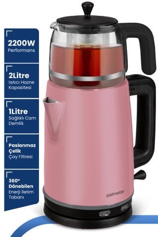 Dem Sedef Pembe 2200 Watt XL Paslanmaz Demlikli Cam Çelik Çay Makinesi Ve Su Isıtıcısı
