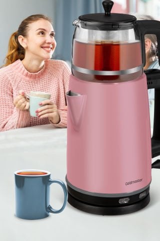 Dem Sedef Pembe 2200 Watt XL Paslanmaz Demlikli Cam Çelik Çay Makinesi Ve Su Isıtıcısı