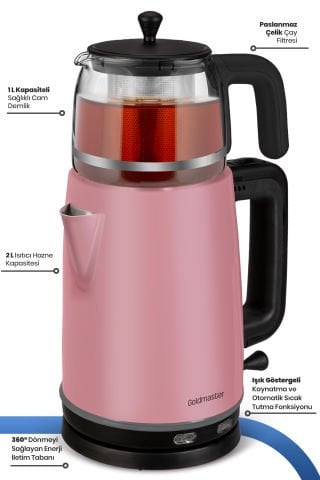 Dem Sedef Pembe 2200 Watt XL Paslanmaz Demlikli Cam Çelik Çay Makinesi Ve Su Isıtıcısı
