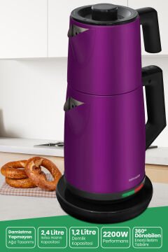 Teachef Violet 2200 Watt Paslanmaz Çelik Damlatmayan Tasarım Çelik Çay Makinesi Ve Su Isıtıcısı