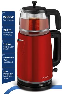 Dem Kırmızı 2200 Watt XL Paslanmaz Demlikli Cam Çelik Çay Makinesi Ve Su Isıtıcısı gm1