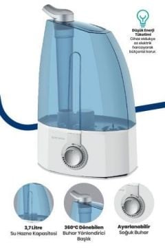 Air Therapy Ultrasonik Sessiz 3,7 L Su Tankı 12 Saat Kesintisiz Buhar Veren Hava Nemlendirme Cihazı