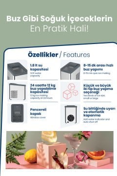 Freeze Dokunmatik Led Ekranlı 1.8 Litre Geniş Hazneli 24 Saatte 12 Kg Buz Yapma Makinesi GM7953