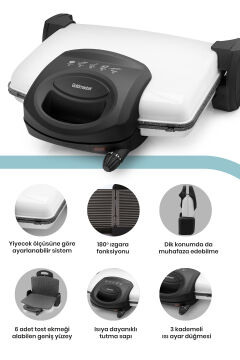 Gurmex Süt Beyaz 1750 Watt Granit Çıkarılabilir Plakalı 5 Kademe Isı Ayarlı Tost ve Izgara Makinesi