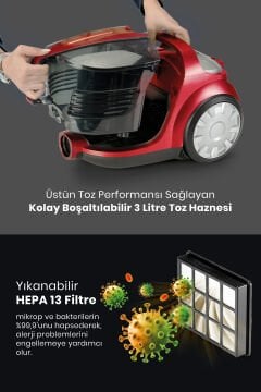 Proton Çift Hepa Filtreli 3lt Geniş Hazneli Hız Ayarlı Cyclonic Toz Torbasız Elektrikli Süpürge