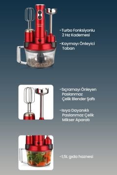 Elenamax Kırmızı 1000 Watt Hız Ayarlı %100 Bakır Motor 5 In 1 Mutfak Robotu Multi Blender Seti