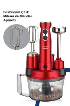 Elenamax Kırmızı 1000 Watt Hız Ayarlı %100 Bakır Motor 5 In 1 Mutfak Robotu Multi Blender Seti