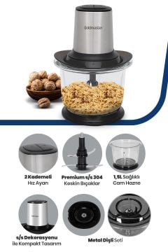 Prochopper 1.5 Lt Büyük Cam Hazneli 2 Kademe Ayarlı 4 Bıçaklı Inox Rondo Doğrayıcı Gm7277