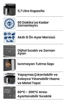 Gustofry 1700w Xl Dokunmatik 8 Ön Ayarlı Cam Kapaklı Hazne Aydınlatmalı Airfryer Sıcak Hava Fritözü