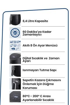 Luxfry 2000 Watt Yüksek Güç 6,4 Litre Geniş XXL Dokunmatik Airfryer Yağsız Sıcak Hava Fritözü