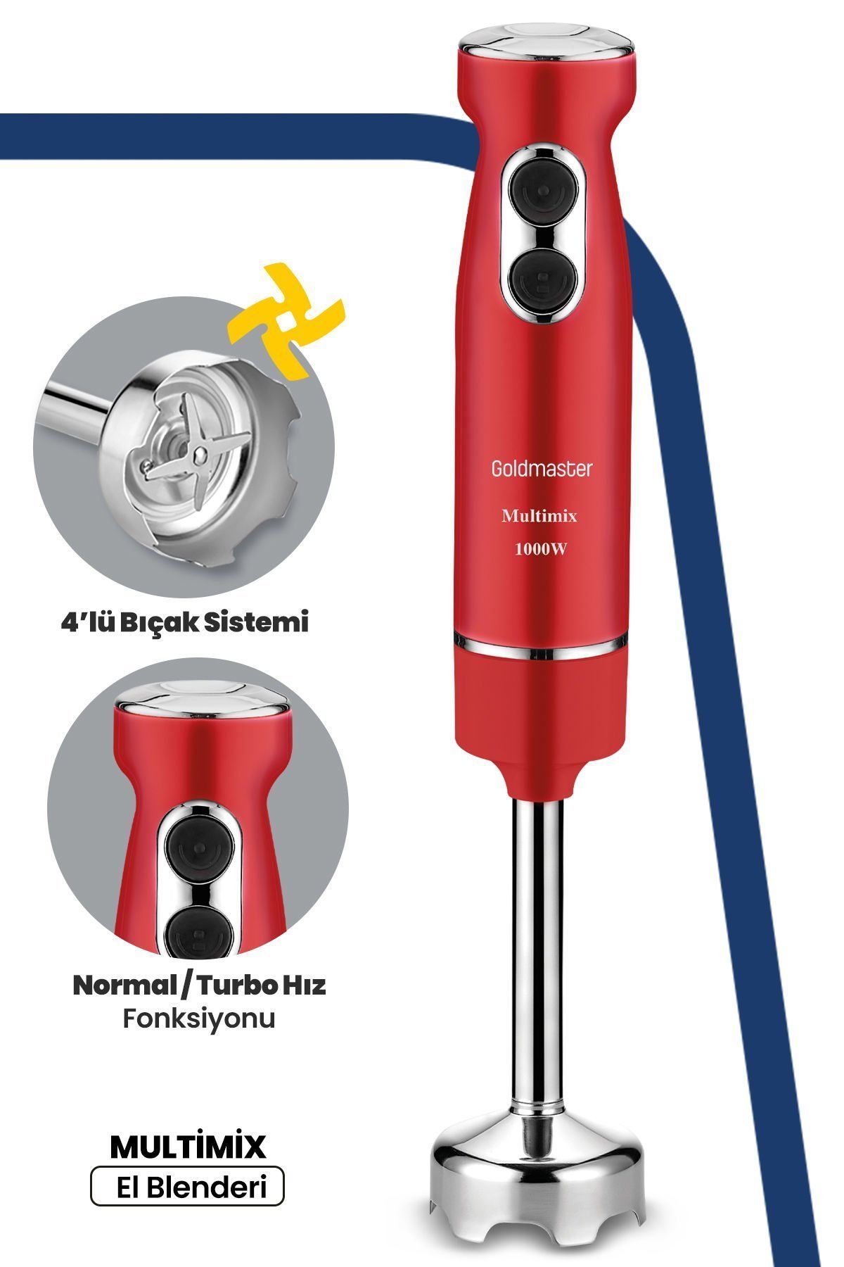 Multimix Kırmızı 1000 Watt 4 Bıçaklı Paslanmaz Çelik Turbo Hız Ayarlı El Blender