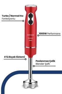 Multimix Kırmızı 1000 Watt 4 Bıçaklı Paslanmaz Çelik Turbo Hız Ayarlı El Blender