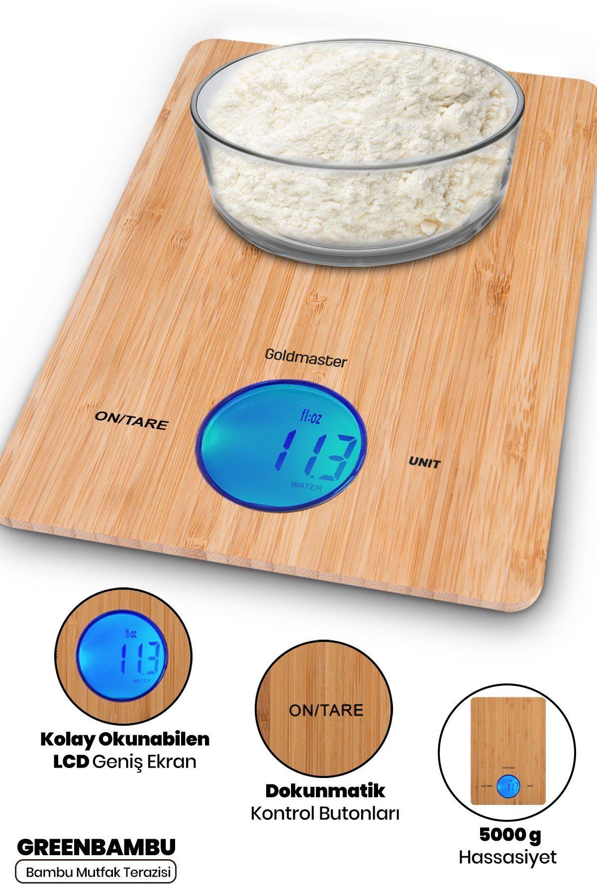 Greenbambu Geniş Led Ekranlı Dijital Hassas 1gr-5kg Bambu Mutfak Tartısı Terazisi