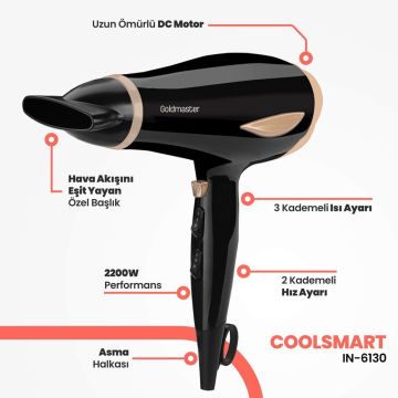 Coolsmart 2200 Waat Hız Ve 3 Kademe Isı Ayarlı Saç Kurutma Makinesi In6130