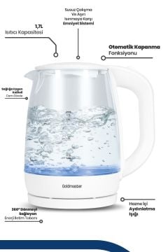 Blue 2200 Watt 1.7 Litre Işıklı Cam Kettle Su Isıtıcı Beyaz