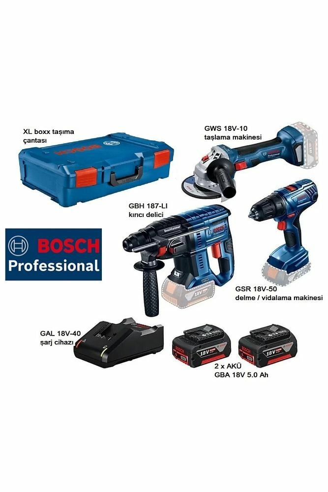 Bosch 3 lü set GBH 187-LI kırıcı delici + GWS 18V-10 taşlama makinesi + GSR 18V-50 delme/vidalama