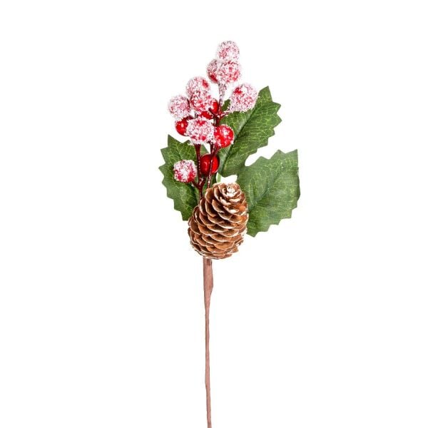 Yılbaşı Çiçek Pike Karlı Berry Kozalaklı Kırmızı-Yeşil 28 cm