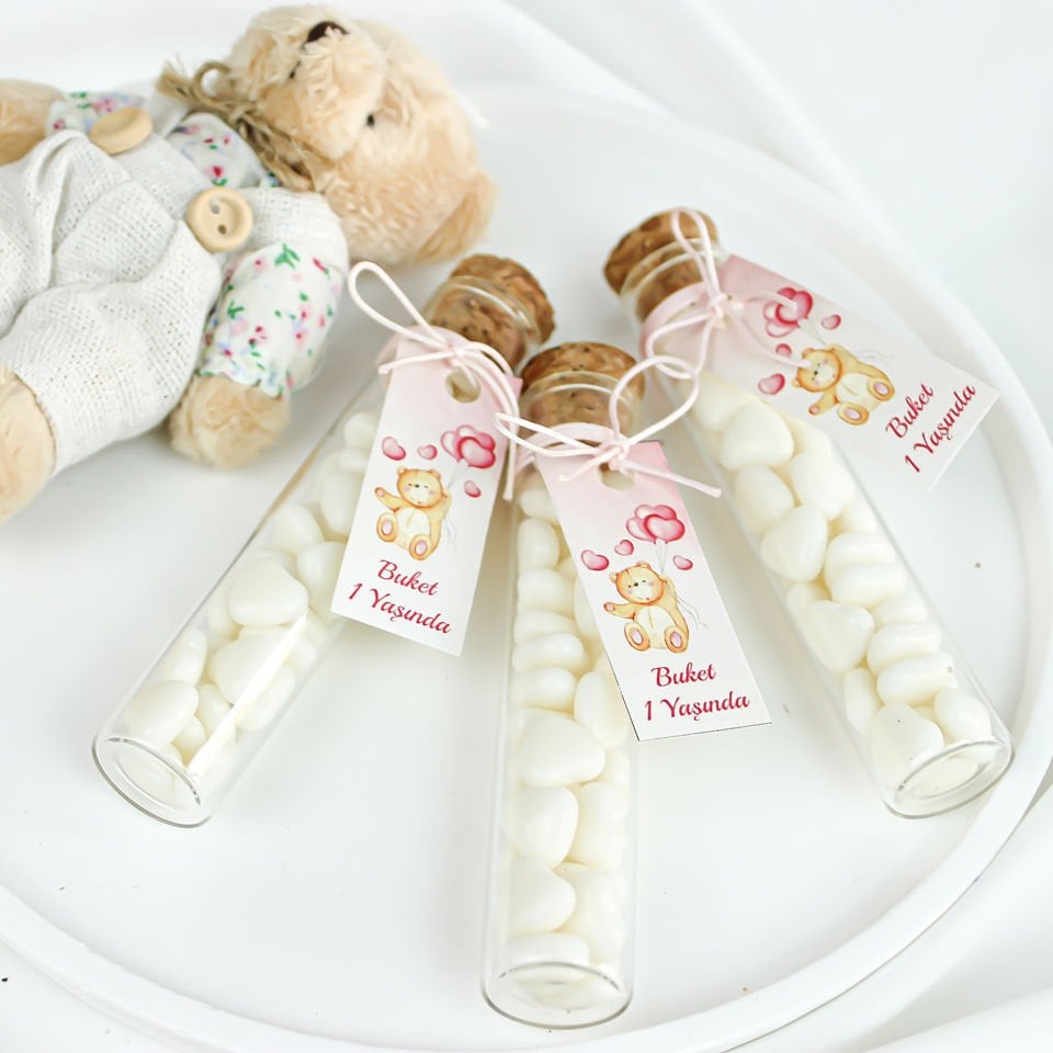 Hediyelik Renkli Akide Şekerli Mantar Kapaklı Cam Şişe Baby Shower MNK105