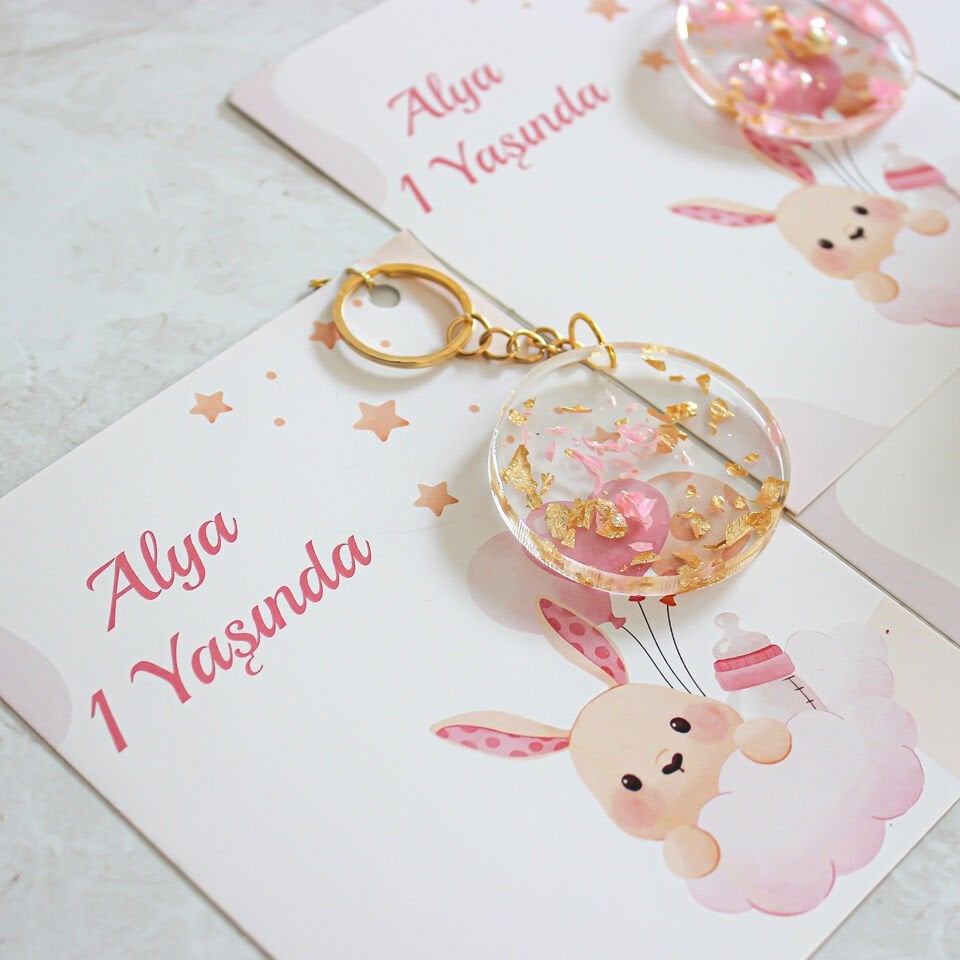 Epoksi Anahtarlık Pembe Kuş Otu & Gold Tanecikli Baby Shower Hediyelik