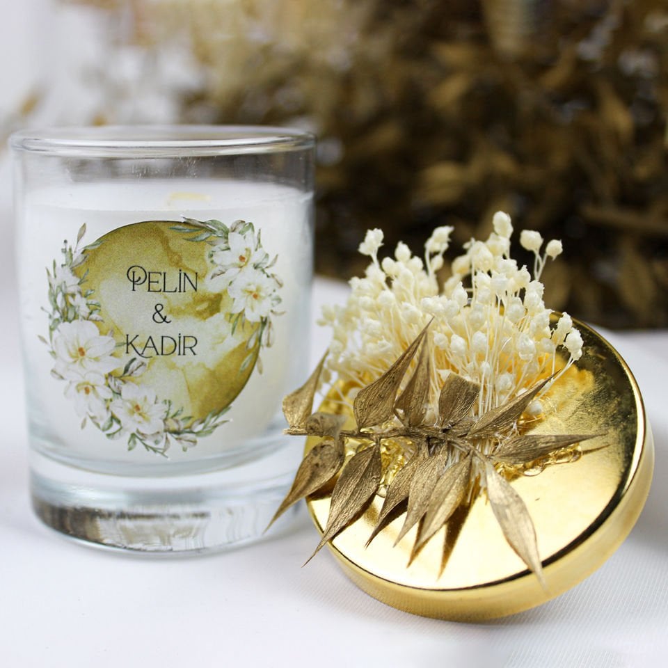 Shot Mum & Cam Bardak Mum | Gold & Beyaz Çiçek Süslemeli Metal Gold Kapaklı