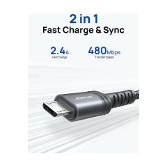 Jsaux Micro USB 2 Metre 2.4A Hızlı Şarj ve Data Kablosu cc0023 Gri 2 Metre