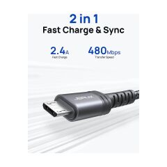 Jsaux Micro USB 2 Metre 2.4A Hızlı Şarj ve Data Kablosu cc0023 Gri 2 Metre