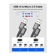 Jsaux Micro USB 2 Metre 2.4A Hızlı Şarj ve Data Kablosu cc0023 Gri 2 Metre