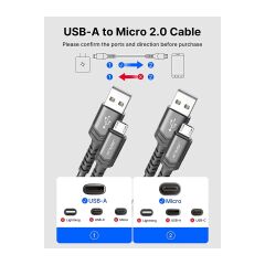 Jsaux Micro USB 2 Metre 2.4A Hızlı Şarj ve Data Kablosu cc0023 Gri 2 Metre