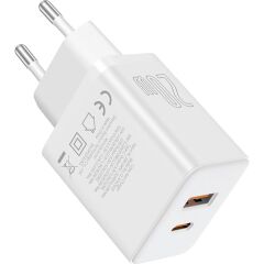 Baseus Cube Type-C + USB Girişli U+C 20W Hızlı Şarj Cihazı iPhone 15 14 13 12 11 Uyumlu Samsung ve Android Uyumlu Beyaz