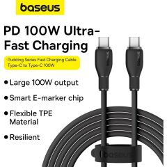 Baseus Pudding Serisi Type-C to Type-C 100 Watt Süper Hızlı , Android Uyumlu , İPhone 15 , Macbook , iPad  Serileriyle Uyumlu 100W PD Hızlı Şarj ve Data Aktarım Kablosu Siyah