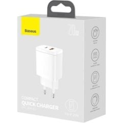 Baseus Compact 20W USB + Type-C Çıkışlı Qc3.0 Hızlı Şarj Başlığı Şarj Aleti Beyaz