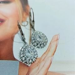 Pırlanta Kesim Damla Swarovski Taşlı İthal Gümüş Küpe