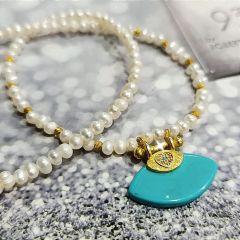 İnci ve Firuze Taşlı Gold Tasarım Gümüş Kolye
