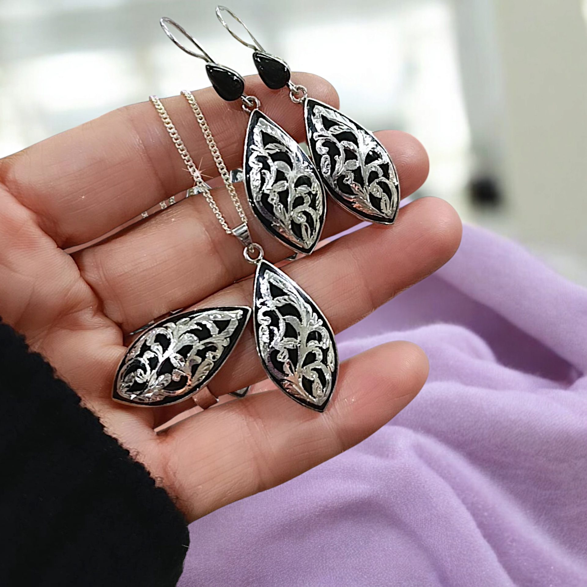 Oltu Taşı Tasarım Gümüş Elişi Set