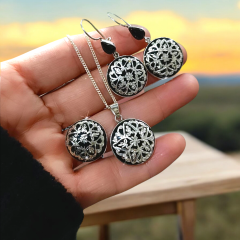 Oltu Taşlı Tasarım Elişi Gümüş Set