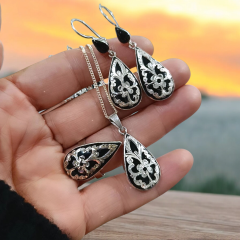 Oltu Taşlı Tasarım Elişi Gümüş Damla Set