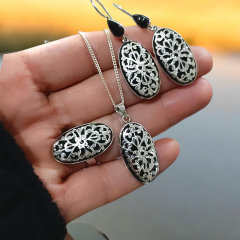 Oltu Taşlı Tasarım Elişi Oval Gümüş Set