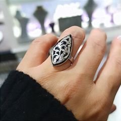 Oltu Taşlı Oval Elişi Tasarım Gümüş Yüzük