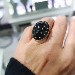 Oltu Taşlı Elişi Oval Model Çivili Gümüş Yüzük