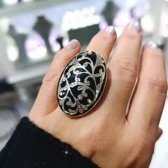 Oltu Taşlı Tasarım Elişi Gümüş Oval Yüzük