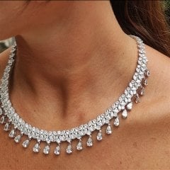 Mozanit ve Swarovski Taşlı, Altın Kaplamalı İthal Gümüş Kolye