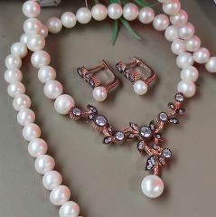 Hakiki İnci,Elmas monturlu Altın Rodajlı Gümüş set