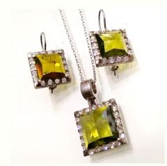 Yeşil Topaz Taşlı, Altın kaplamalı Gümüş Set