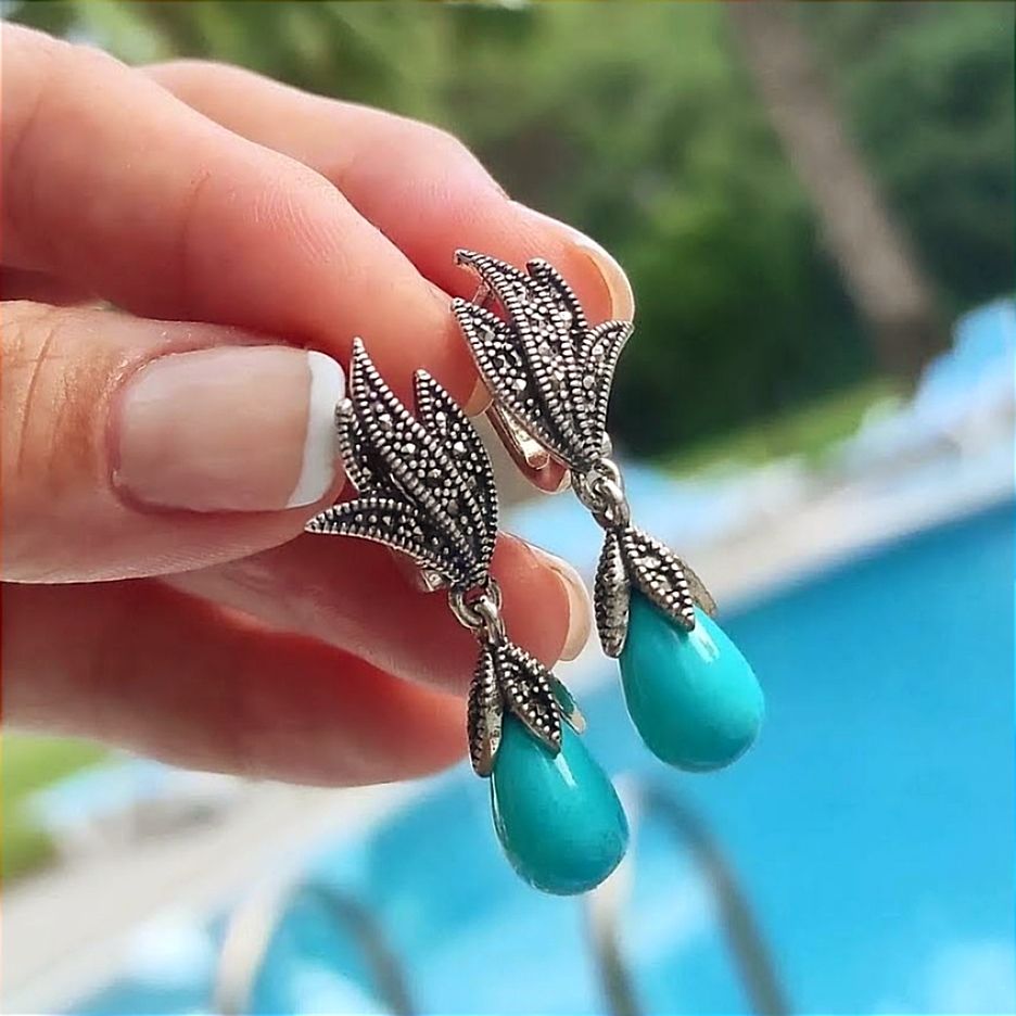 Fruze Markiz Taşlı Gümüş Tasarım Küpe