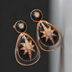 Siyah Mineli Rose İthal Swarovski Taşlı Gümüş Küpe